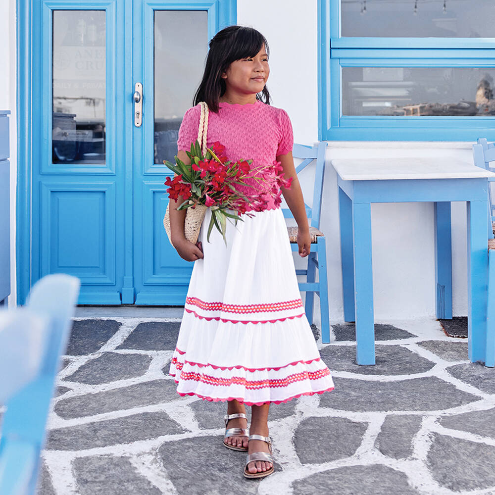 Tartine et Chocolat-Girls White Cotton Maxi Skirt with Pink Ric Rac Trim | Childrensalon