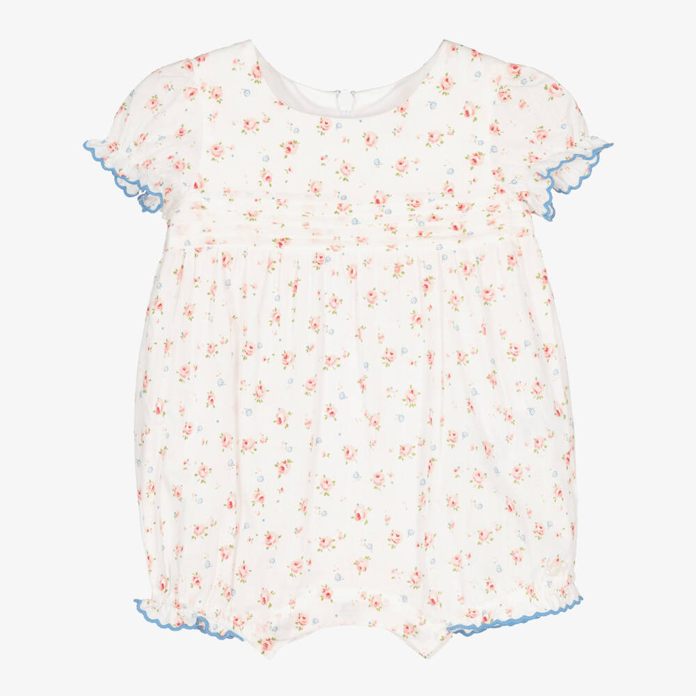 Tartine et Chocolat-Girls White Cotton Shortie with Pink & Blue Floral Print | Childrensalon