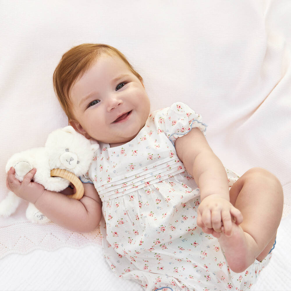 Tartine et Chocolat-Girls White Cotton Shortie with Pink & Blue Floral Print | Childrensalon