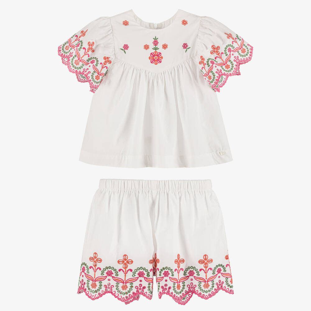Tartine et Chocolat-Girls White Cotton Shorts Set with Colourful Floral Embroidery | Childrensalon