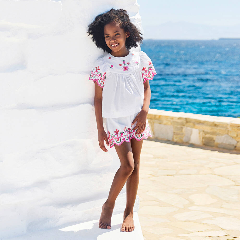 Tartine et Chocolat-Girls White Cotton Shorts Set with Colourful Floral Embroidery | Childrensalon