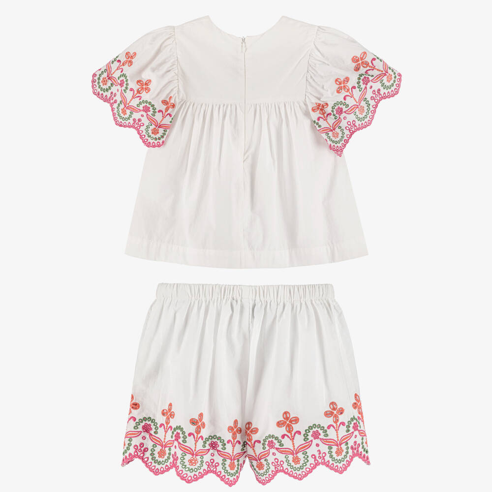 Tartine et Chocolat-Girls White Cotton Shorts Set with Colourful Floral Embroidery | Childrensalon