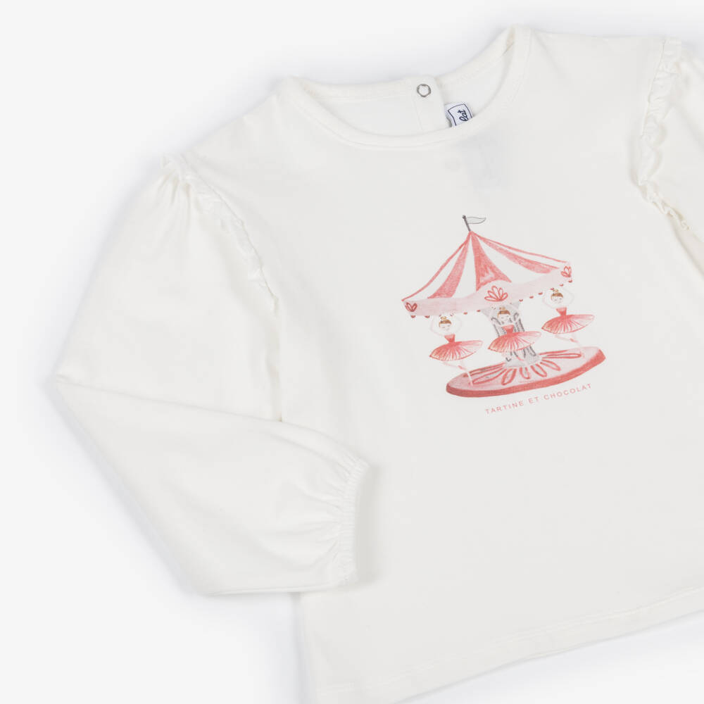 Tartine et Chocolat-Girls White Cotton Top with Ballerina & Carousel Print | Childrensalon
