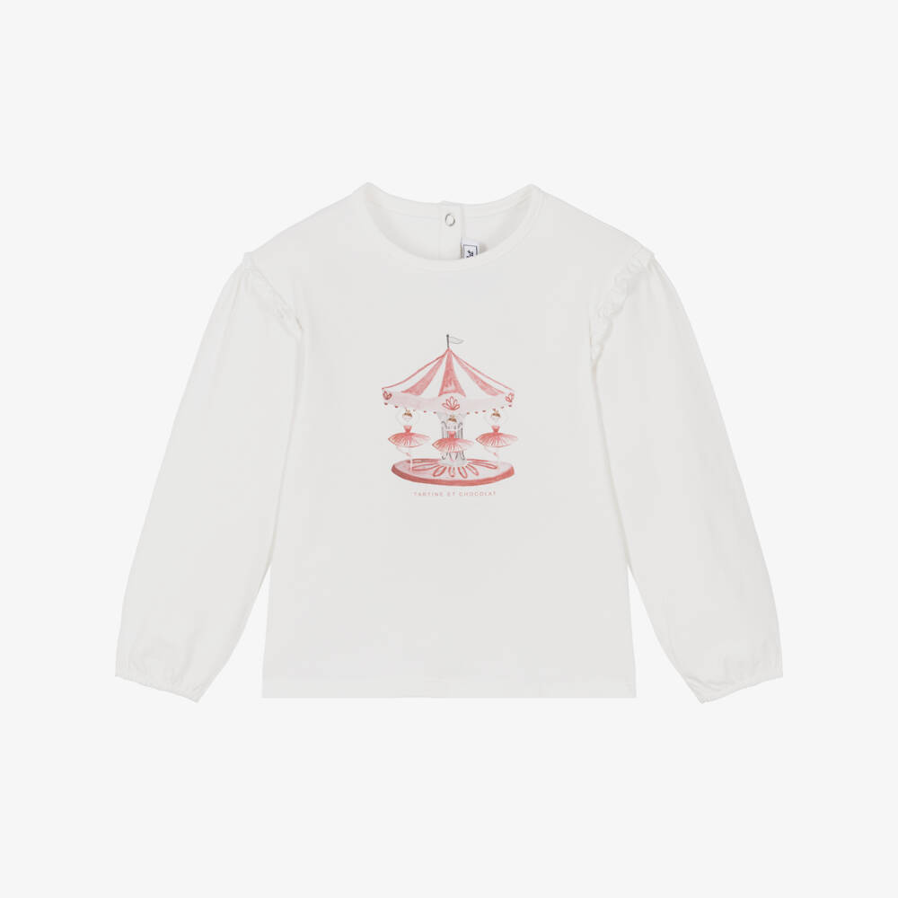 Tartine et Chocolat-Girls White Cotton Top with Ballerina & Carousel Print | Childrensalon