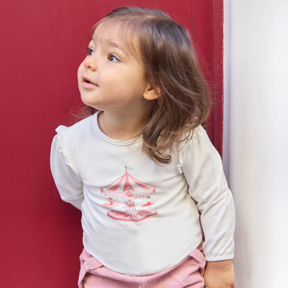 Tartine et Chocolat-Girls White Cotton Top with Ballerina & Carousel Print | Childrensalon