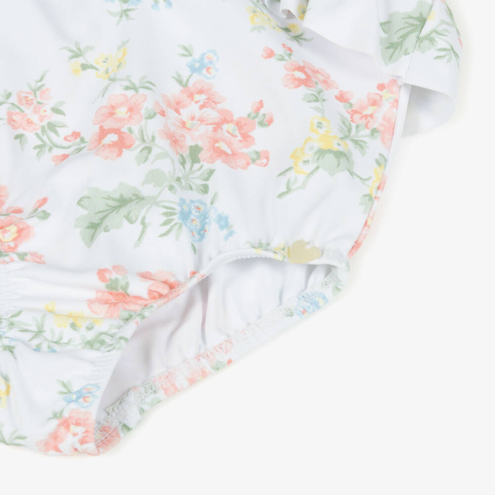 Tartine et Chocolat-Girls White Floral Bows & Ruffles Swimsuit | Childrensalon