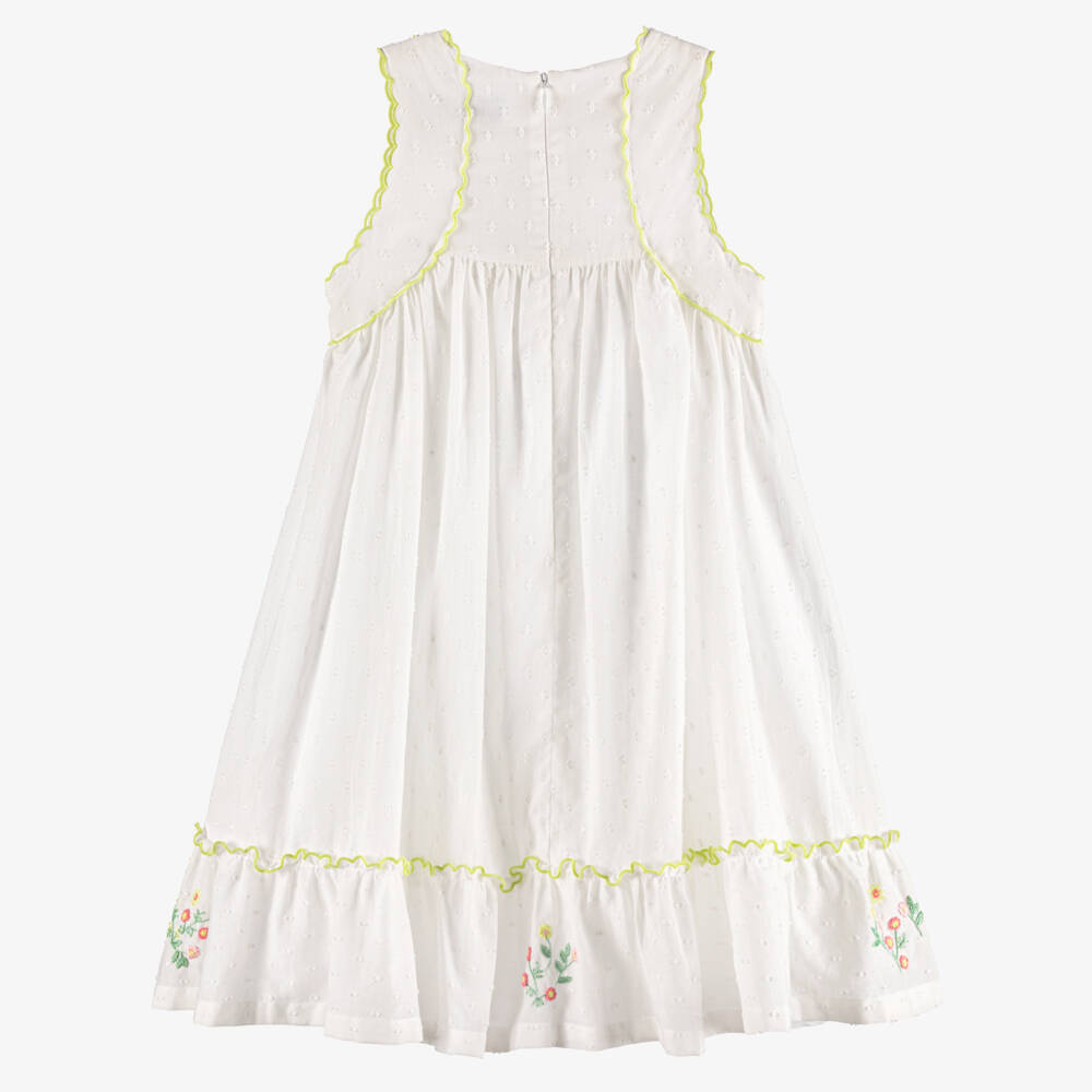 Tartine et Chocolat-Платье белое из хлопка плюмети с цветочной вышивкой для девочек | Childrensalon
