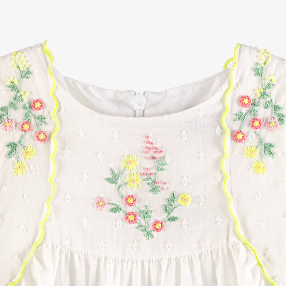 Tartine et Chocolat-Girls White Floral Embroidery Plumeti Cotton Dress | Childrensalon