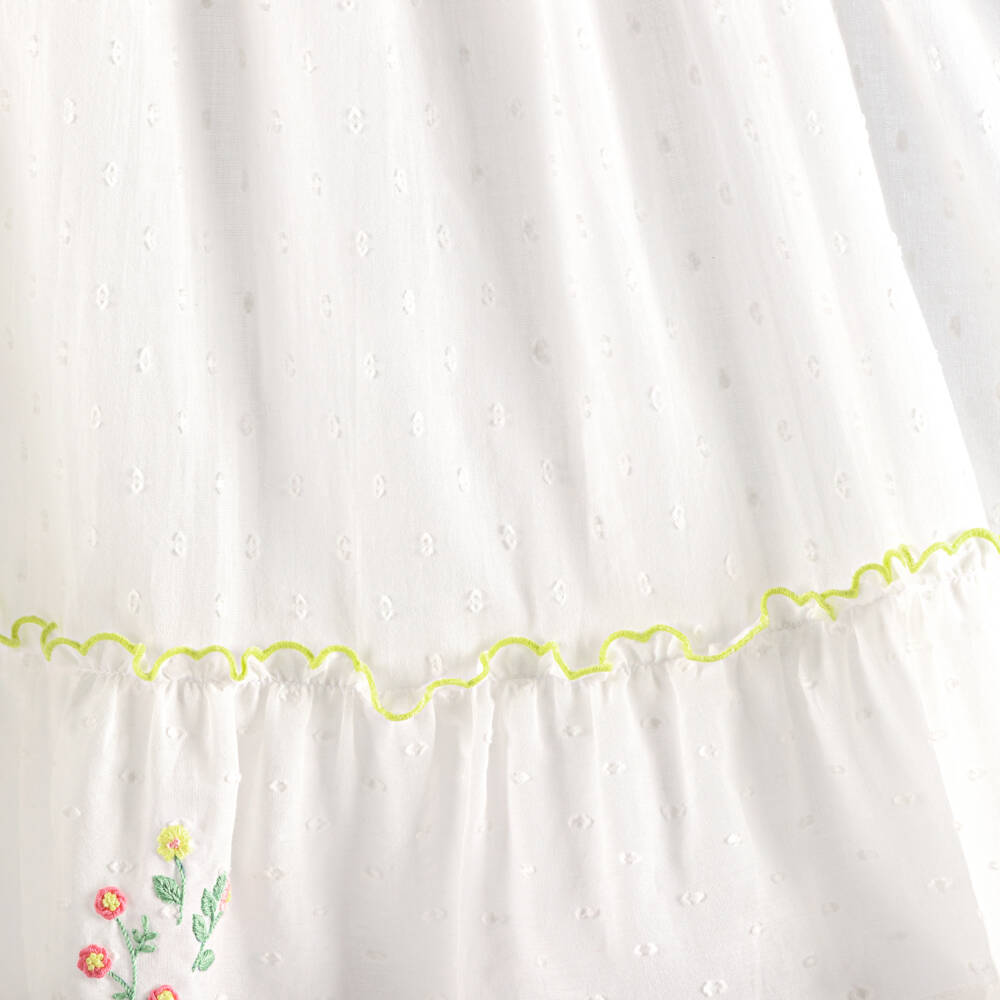 Tartine et Chocolat-Платье белое из хлопка плюмети с цветочной вышивкой для девочек | Childrensalon