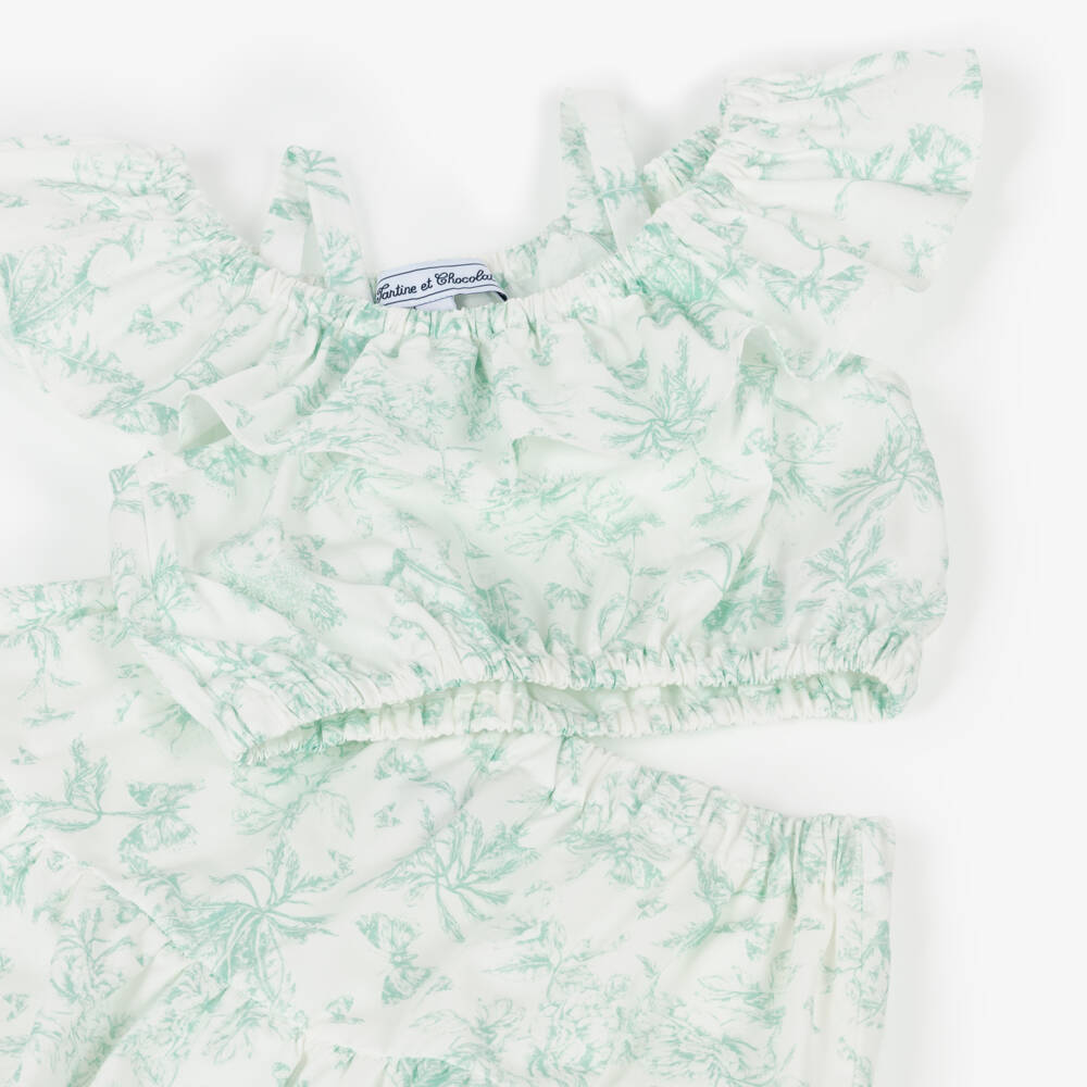Tartine et Chocolat-Girls White & Green Floral Cotton Skirt Set | Childrensalon