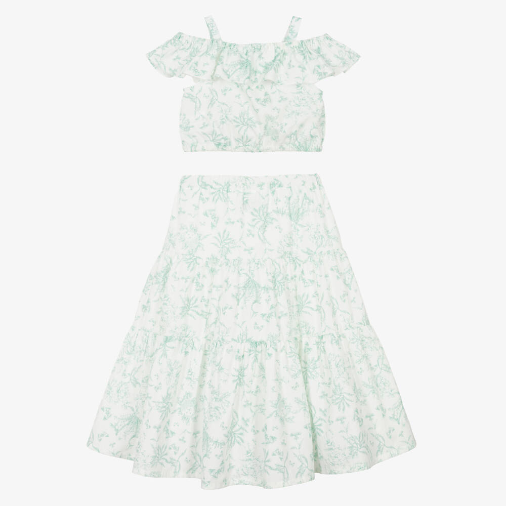Tartine et Chocolat-Girls White & Green Floral Cotton Skirt Set | Childrensalon