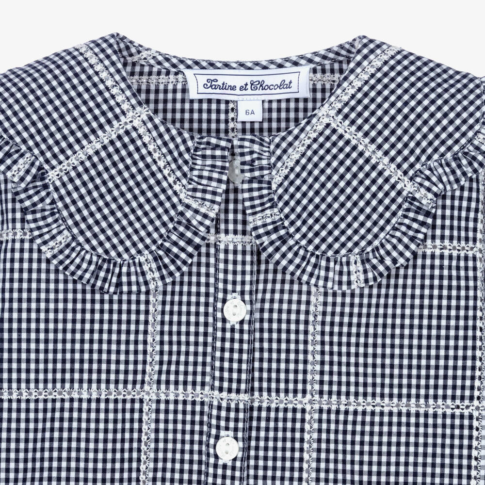 Tartine et Chocolat-Girls White & Navy Gingham Check Blouse | Childrensalon