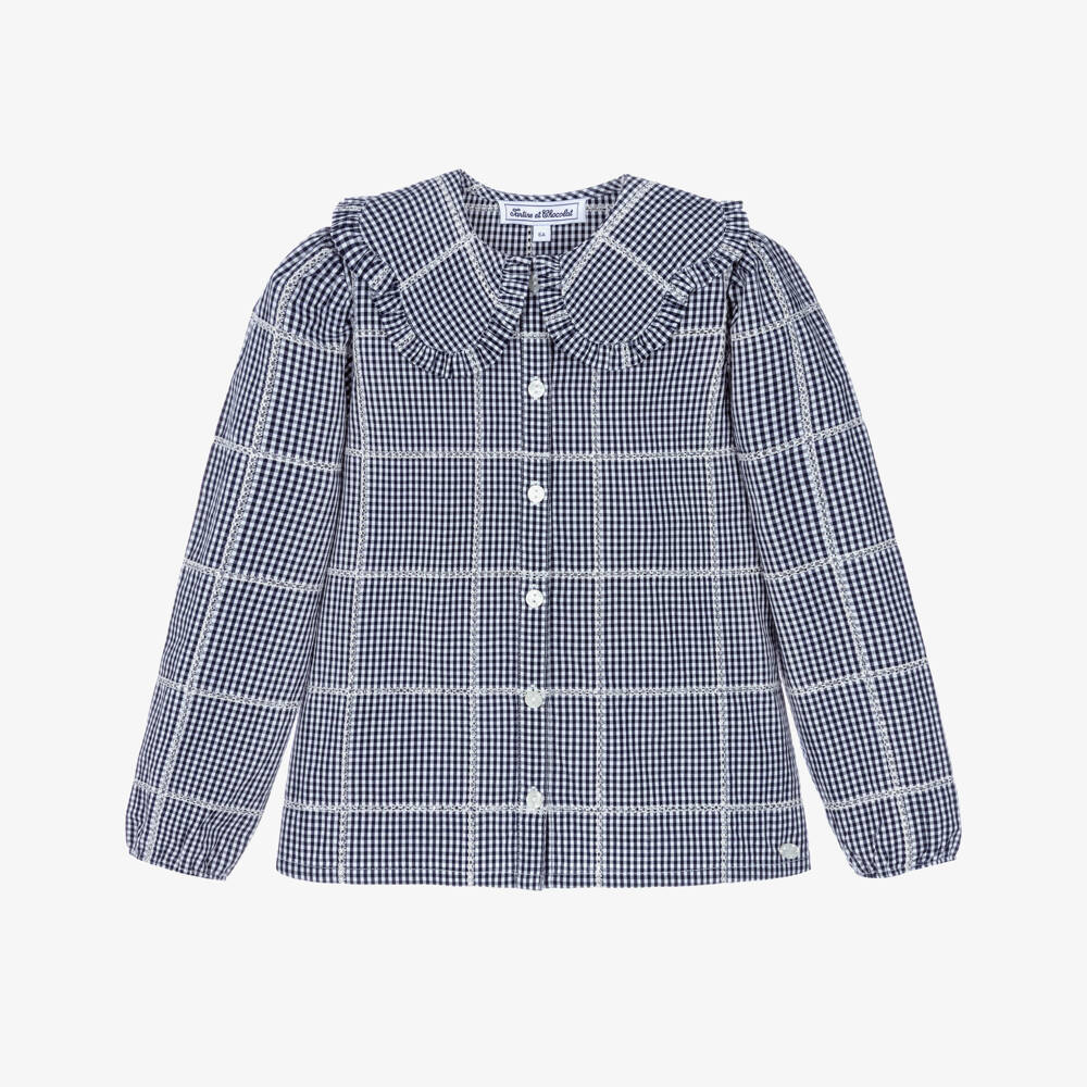 Tartine et Chocolat-Girls White & Navy Gingham Check Blouse | Childrensalon