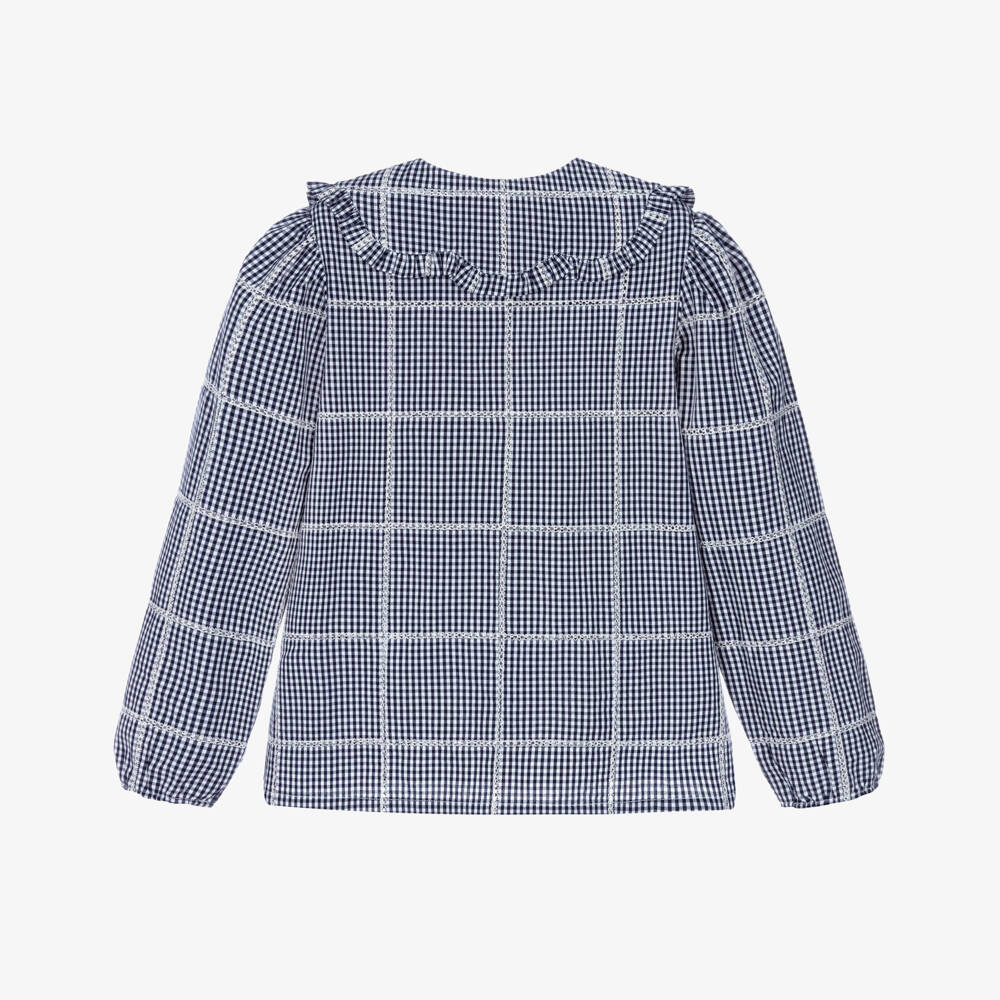 Tartine et Chocolat-Girls White & Navy Gingham Check Blouse | Childrensalon