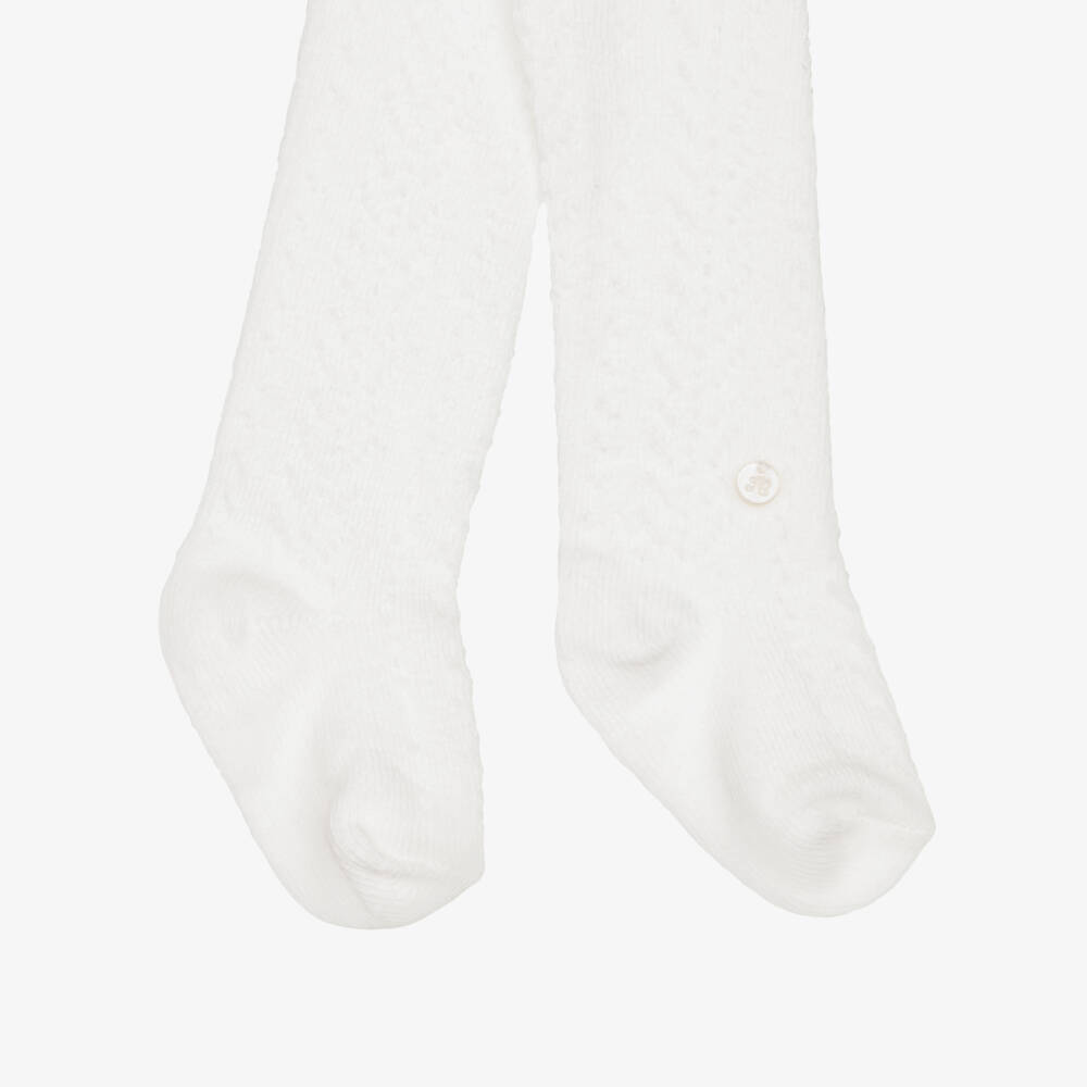 Tartine et Chocolat-Girls White Patterned Knit Tights | Childrensalon