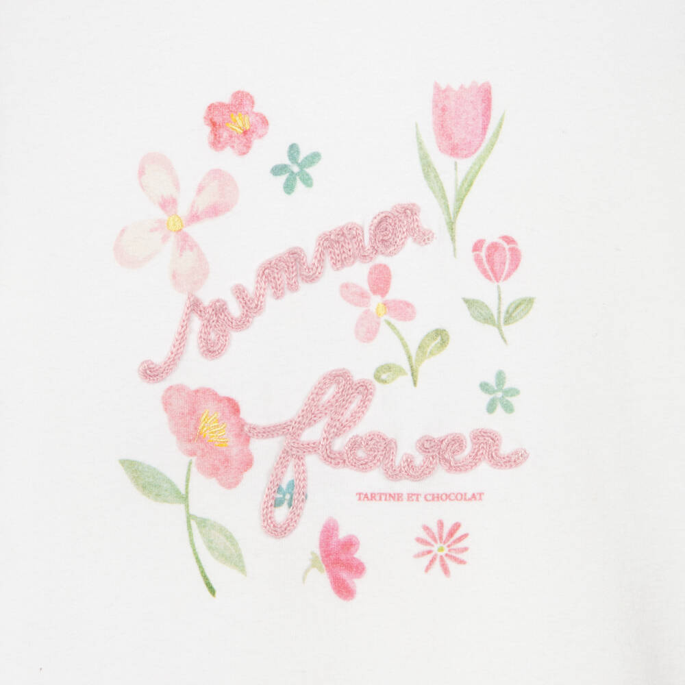 Tartine et Chocolat-Girls White & Pink Cotton Summer Flower T-Shirt | Childrensalon