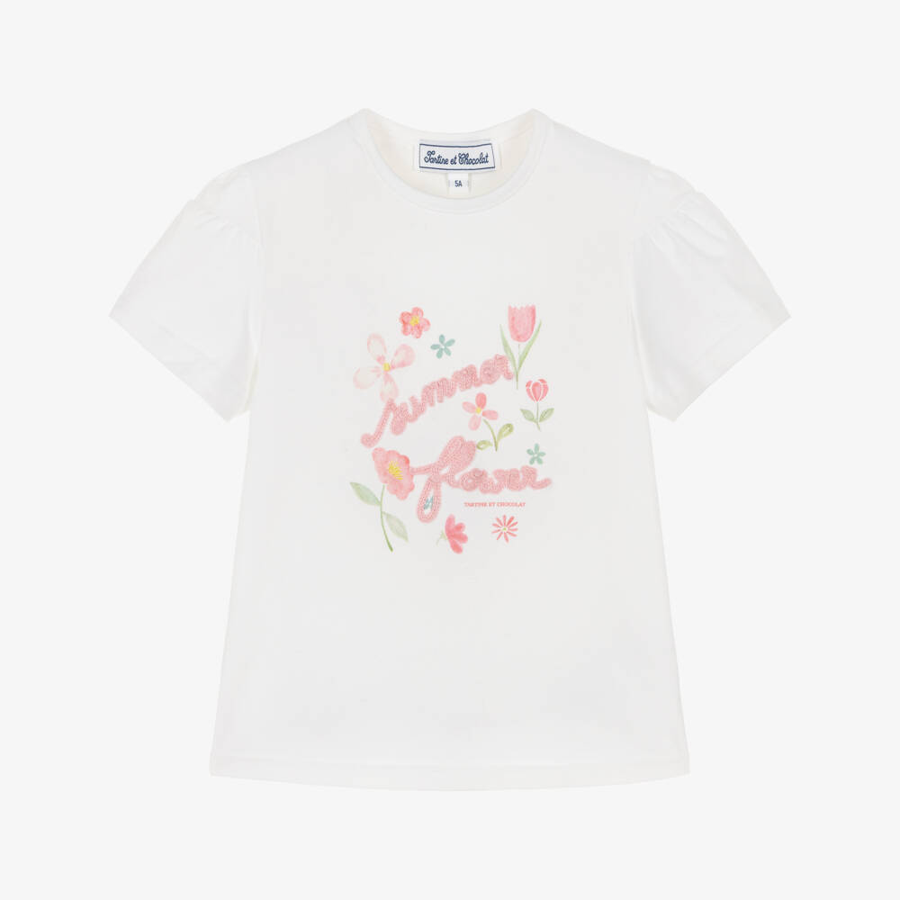 Tartine et Chocolat-Футболка бело-розовая из хлопка с летним цветочным принтом для девочек | Childrensalon