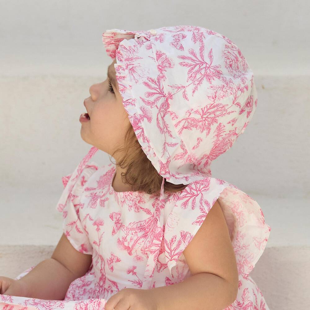 Tartine et Chocolat-Girls White & Pink Toile De Jouy Hat | Childrensalon