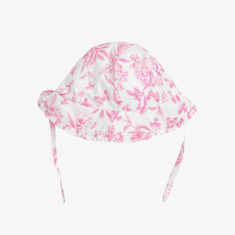 Tartine et Chocolat-Girls White & Pink Toile De Jouy Hat | Childrensalon