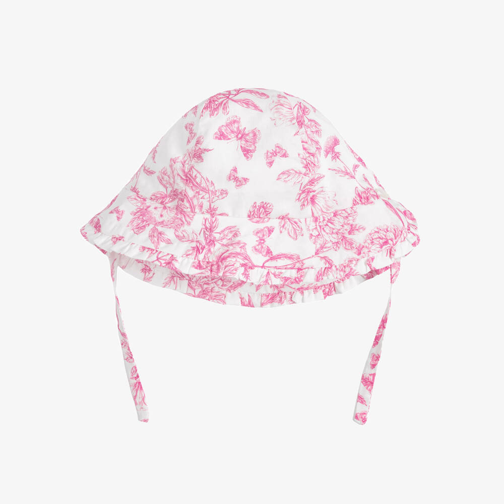 Tartine et Chocolat-Girls White & Pink Toile De Jouy Hat | Childrensalon