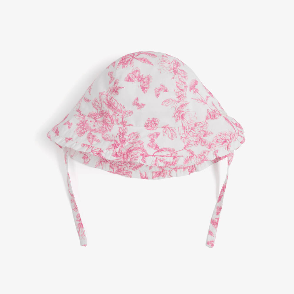 Tartine et Chocolat-Girls White & Pink Toile De Jouy Hat | Childrensalon