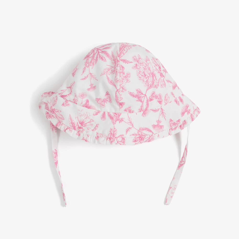 Tartine et Chocolat-Girls White & Pink Toile De Jouy Hat | Childrensalon