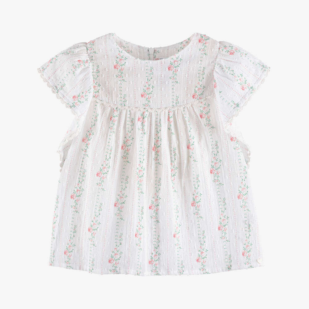 Tartine et Chocolat-Girls White Plumeti Cotton Blouse with Pink Rose Print | Childrensalon