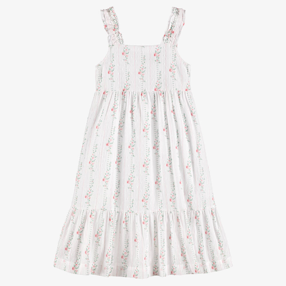 Tartine et Chocolat-Girls White Plumeti Cotton Dress with Pink Rose Print | Childrensalon