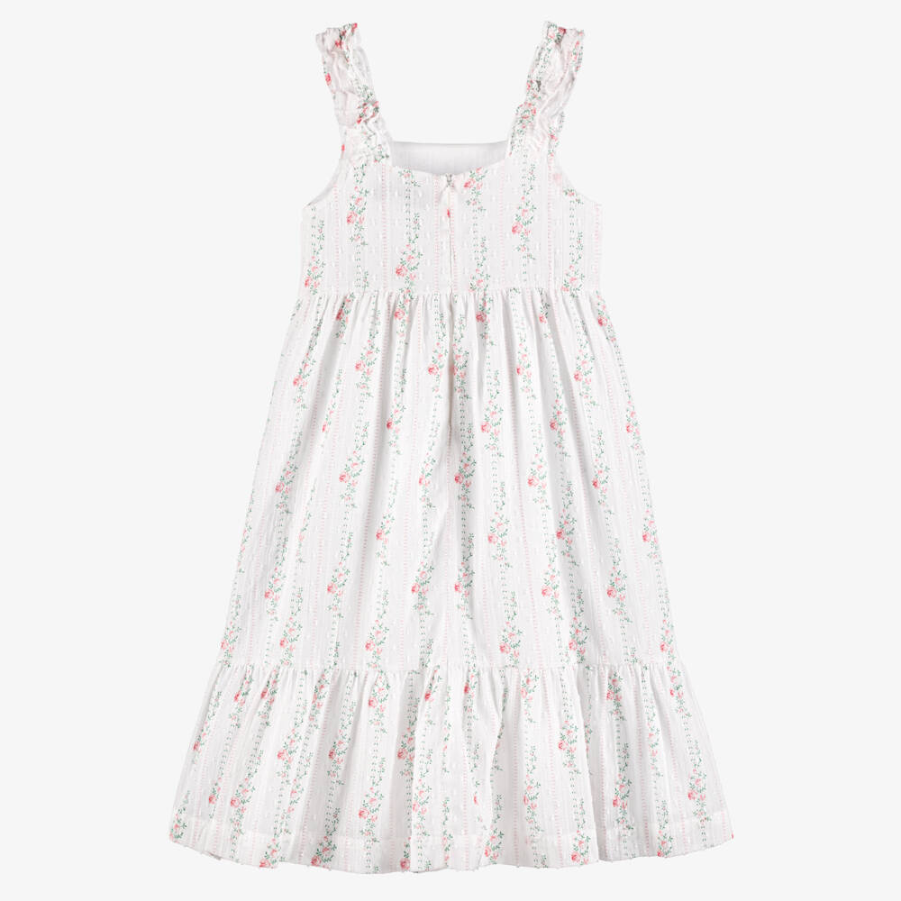 Tartine et Chocolat-Girls White Plumeti Cotton Dress with Pink Rose Print | Childrensalon