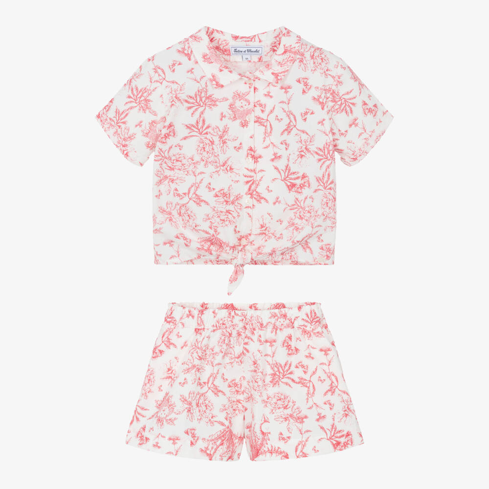 Tartine et Chocolat-Girls White & Red Floral Cotton Blouse & Shorts Set | Childrensalon