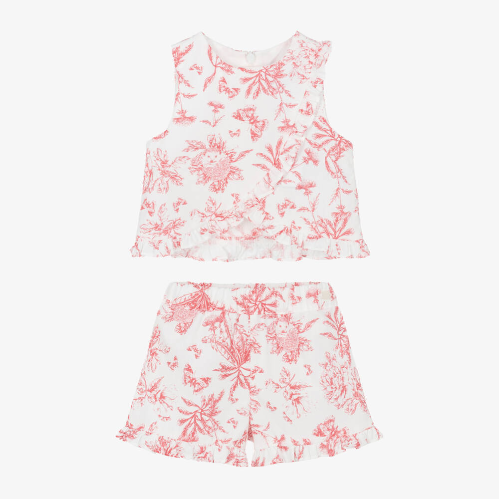 Tartine et Chocolat-Girls White & Red Floral Cotton Ruffle Shorts Set | Childrensalon
