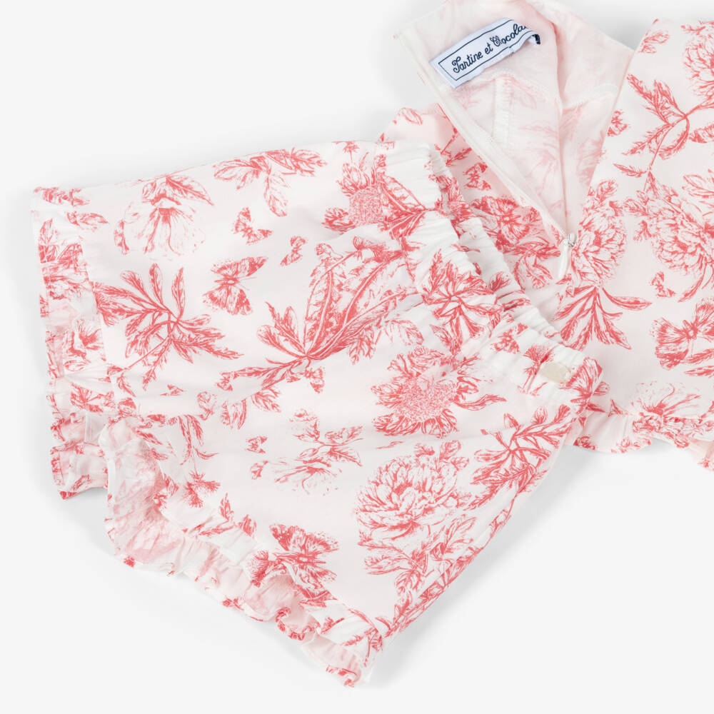 Tartine et Chocolat-Girls White & Red Floral Cotton Ruffle Shorts Set | Childrensalon