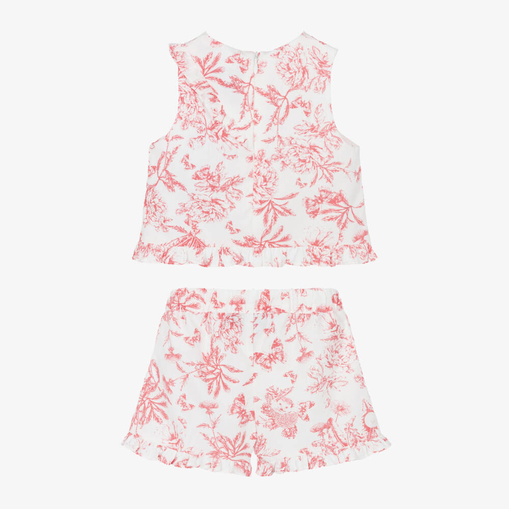 Tartine et Chocolat-Girls White & Red Floral Cotton Ruffle Shorts Set | Childrensalon