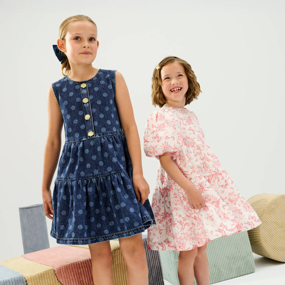 Tartine et Chocolat-فستان بأكمام منفوخة بطبعة ورود لون أبيض وأحمر | Childrensalon