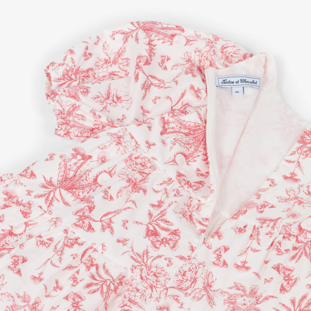 Tartine et Chocolat-فستان بأكمام منفوخة بطبعة ورود لون أبيض وأحمر | Childrensalon