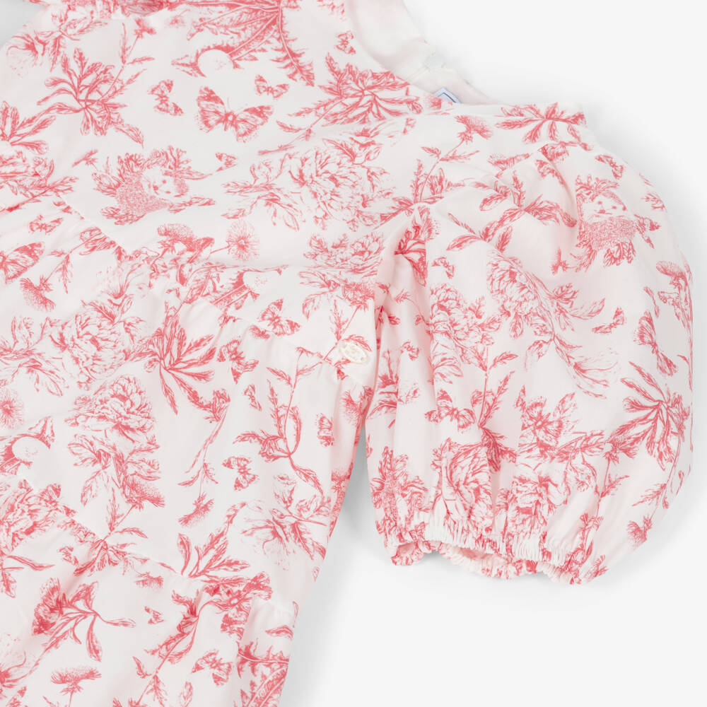 Tartine et Chocolat-فستان بأكمام منفوخة بطبعة ورود لون أبيض وأحمر | Childrensalon