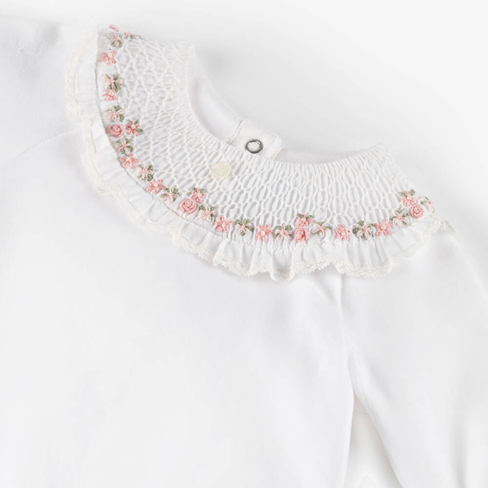 Tartine et Chocolat-Girls White Velour Rose Embroidered Collar Babygrow | Childrensalon