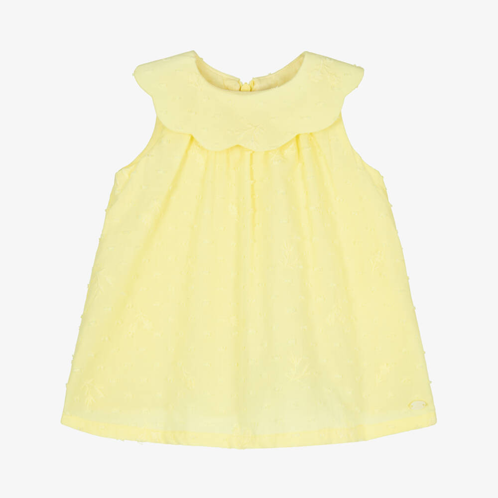 Tartine et Chocolat-Girls Yellow Plumetis Cotton Dress with Floral Embroidery | Childrensalon