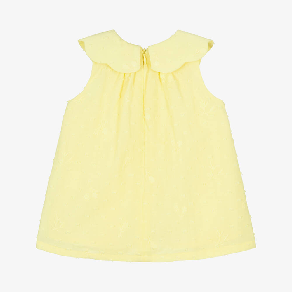 Tartine et Chocolat-Girls Yellow Plumetis Cotton Dress with Floral Embroidery | Childrensalon
