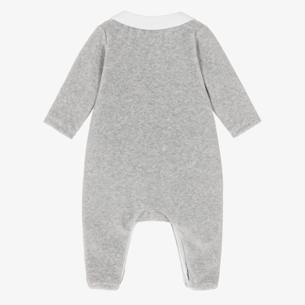 Tartine et Chocolat-Grey Marl Velour Babygrow with Waffle Collar | Childrensalon