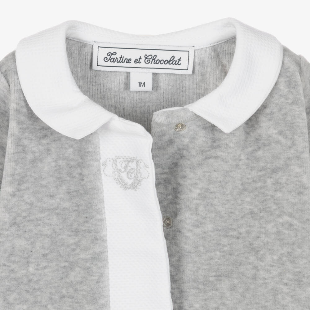 Tartine et Chocolat-Grey Marl Velour Babygrow with Waffle Collar | Childrensalon
