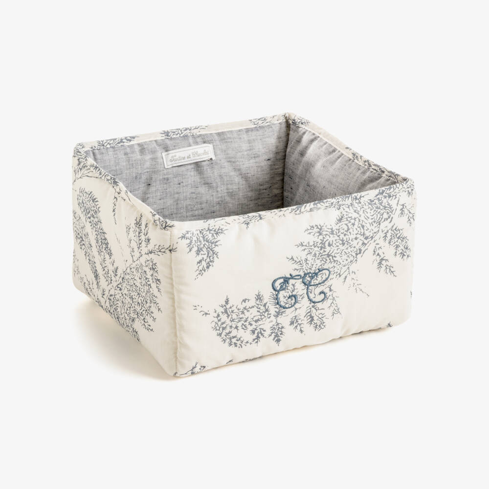 Tartine et Chocolat-Ivory & Blue Botanical Print Storage Basket (25cm) | Childrensalon
