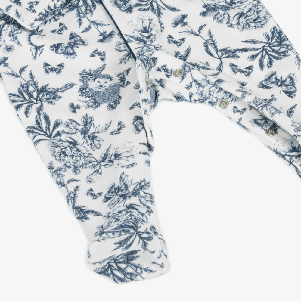 Tartine et Chocolat-Ivory & Blue Toile De Jouy Cotton Babygrow | Childrensalon