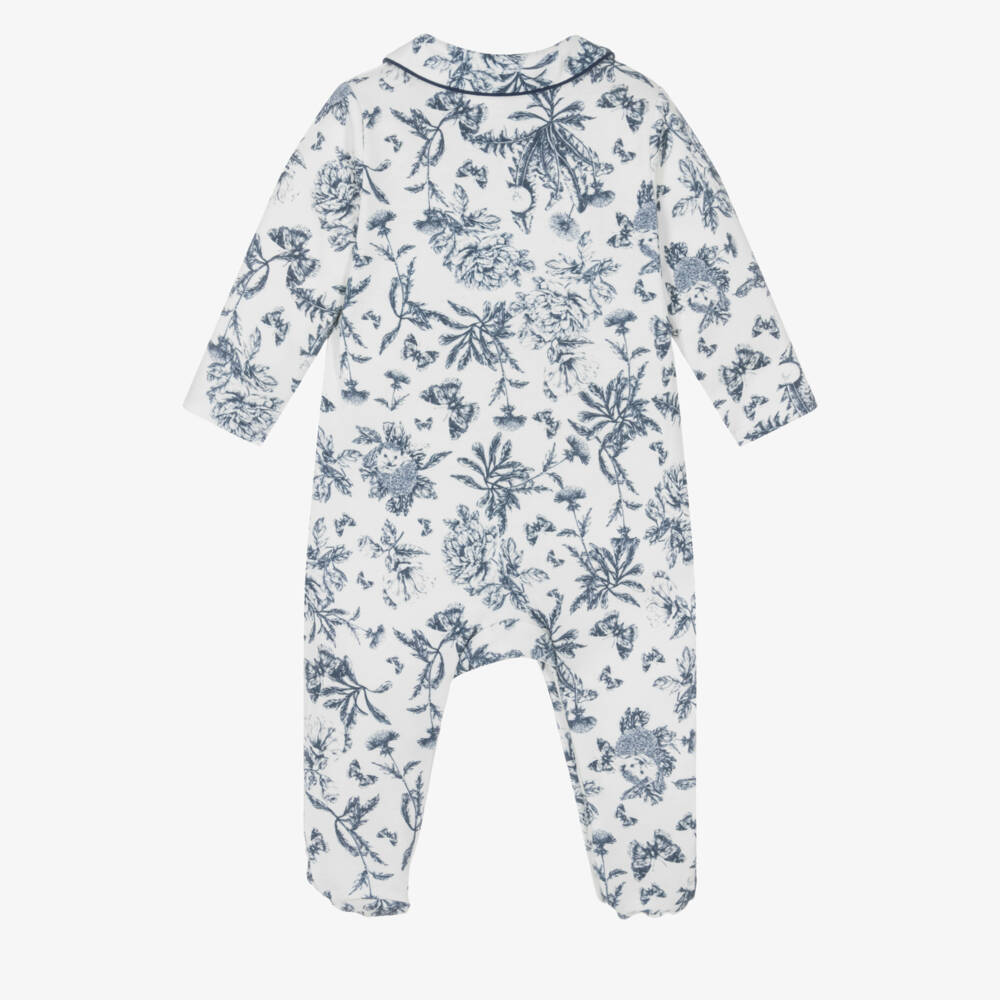 Tartine et Chocolat-Ivory & Blue Toile De Jouy Cotton Babygrow | Childrensalon