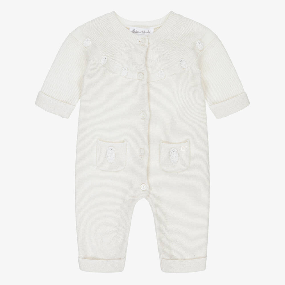Tartine et Chocolat-Ivory Cotton & Wool Knit Hand-Embroidered Romper | Childrensalon