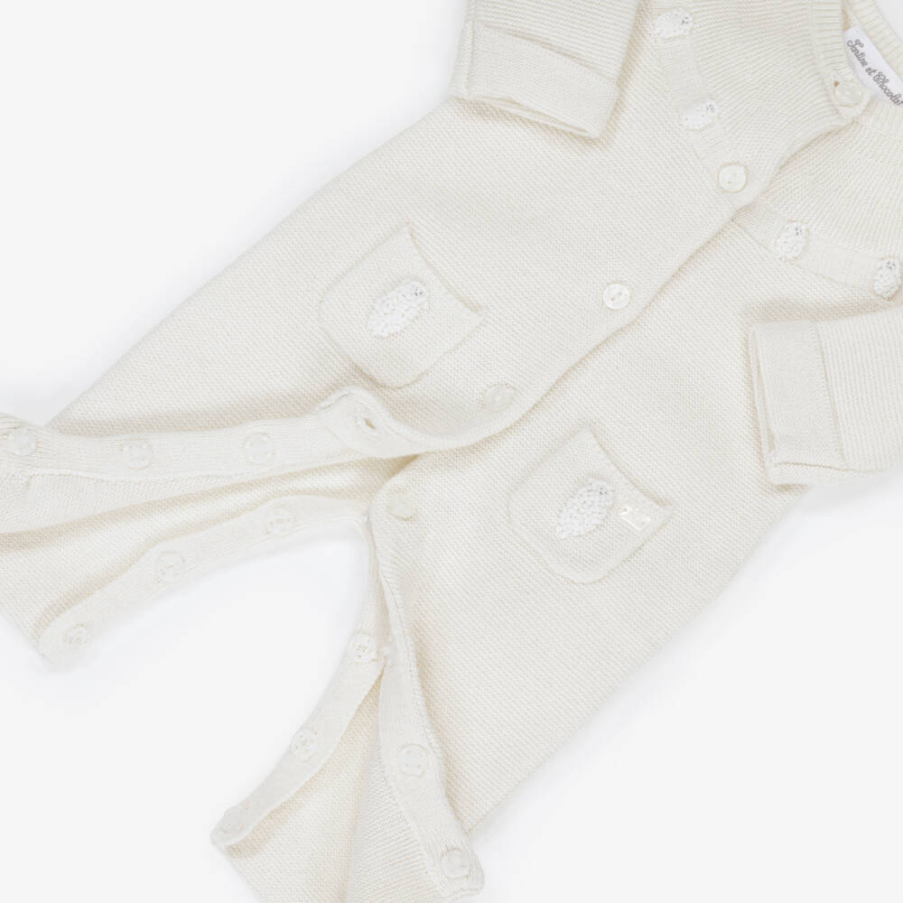 Tartine et Chocolat-Ivory Cotton & Wool Knit Hand-Embroidered Romper | Childrensalon
