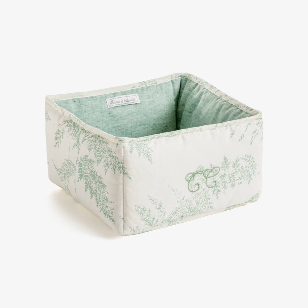 Tartine et Chocolat-Ivory & Green Botanical Print Storage Basket (25cm) | Childrensalon