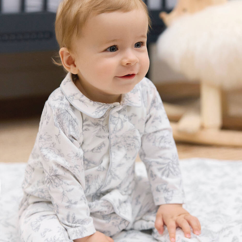 Tartine et Chocolat-Ivory & Grey Toile De Jouy Cotton Babygrow | Childrensalon