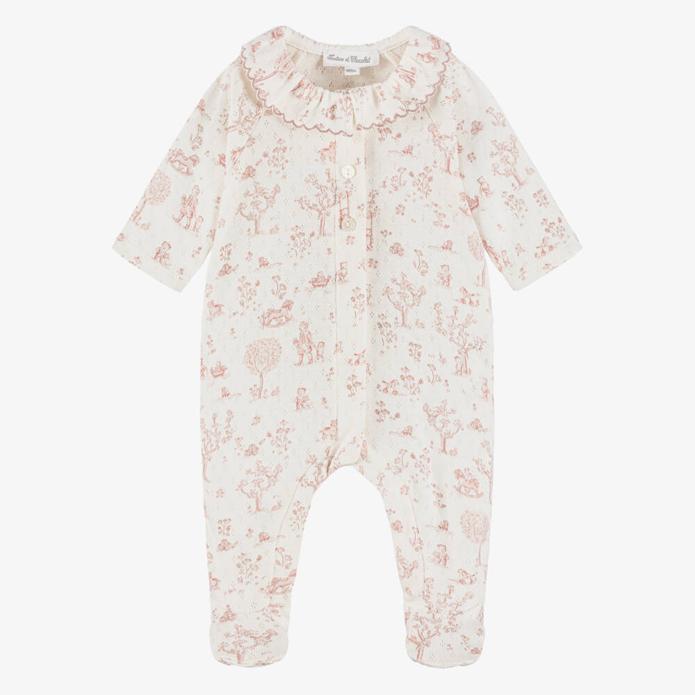 Tartine et Chocolat-Ivory & Pink Cotton Babygrow with Teddy Bear Print | Childrensalon