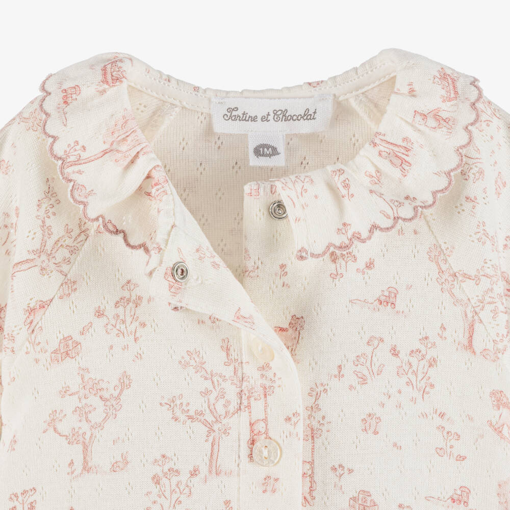 Tartine et Chocolat-Ivory & Pink Cotton Babygrow with Teddy Bear Print | Childrensalon